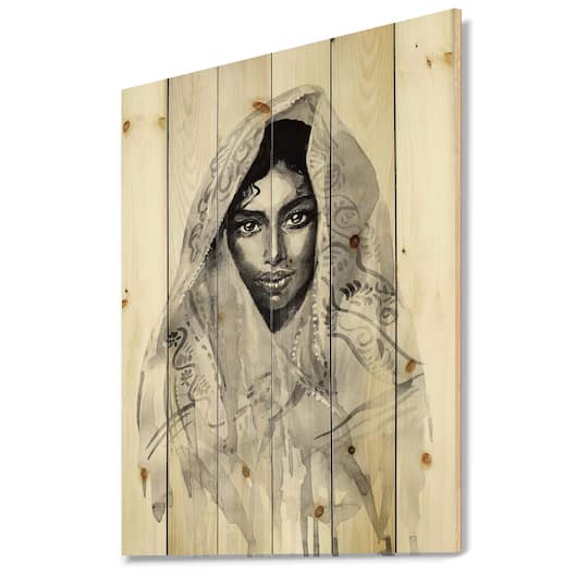 Designart - Monochrome Portrait of Young Indian Woman I - Modern Print on Natural Pine Wood